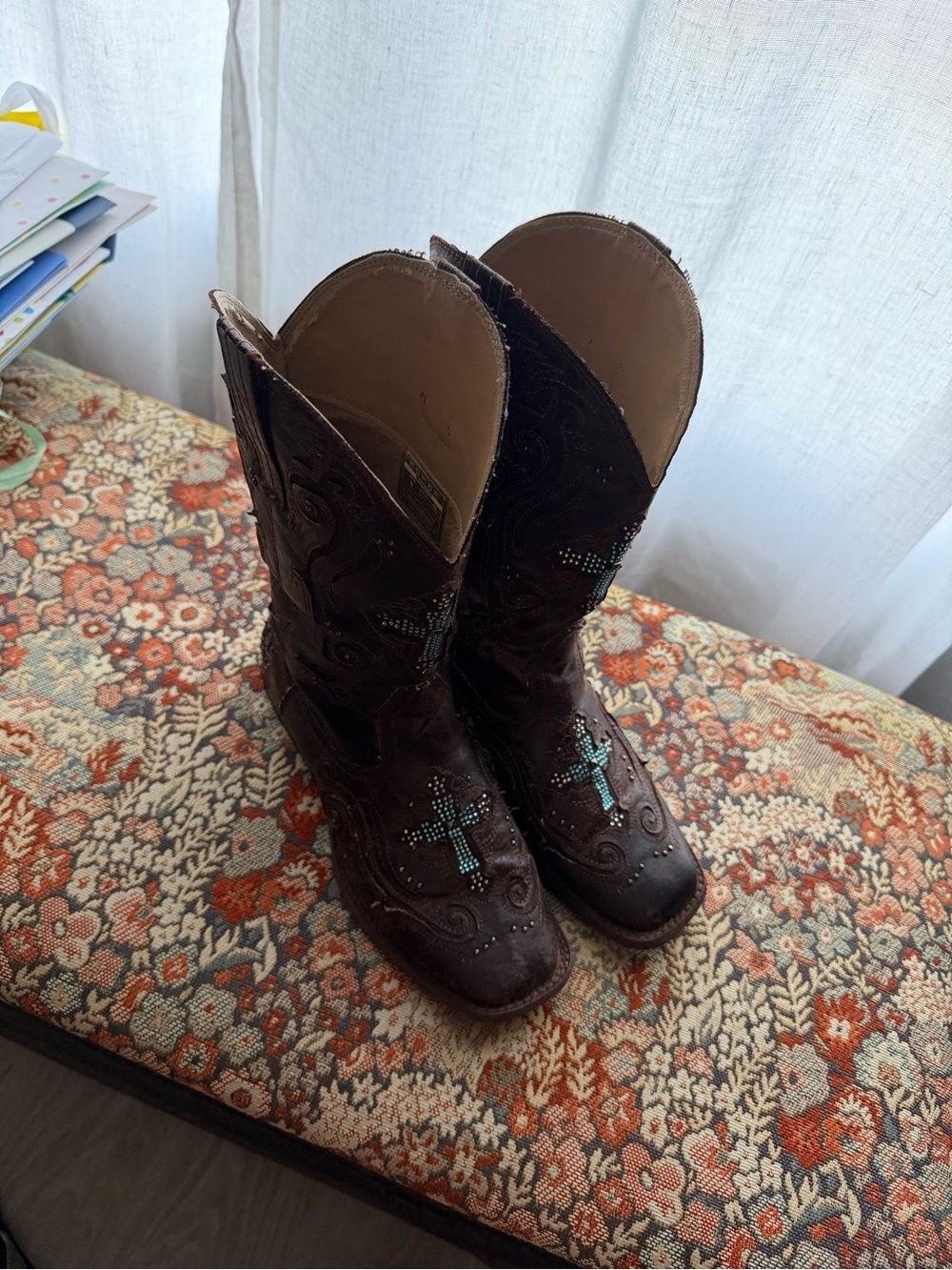 Roper Dark Brown Western Boots with Turquoise Stud Crosses